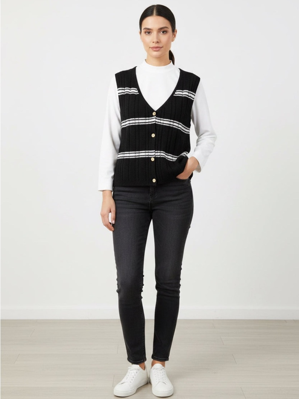 Black Ribbed Button Vest with White Stripes